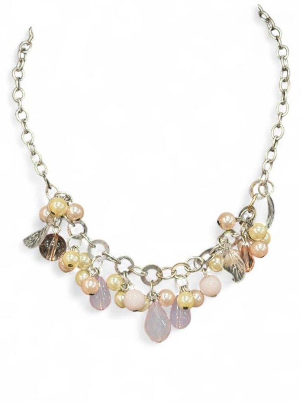 Pink & Silver Beaded Necklace with Pearls & Teardrop Charms